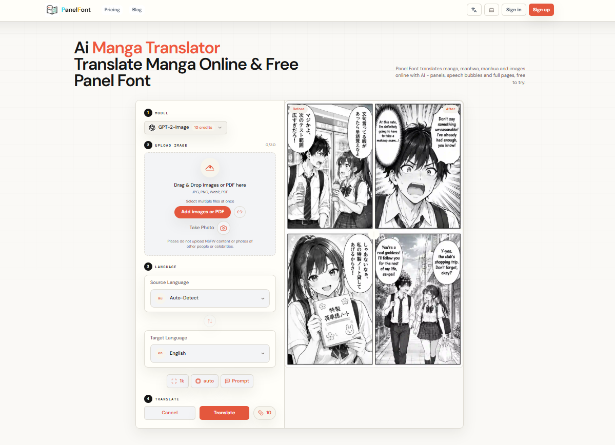 Panel Font - translate manga with a web tool