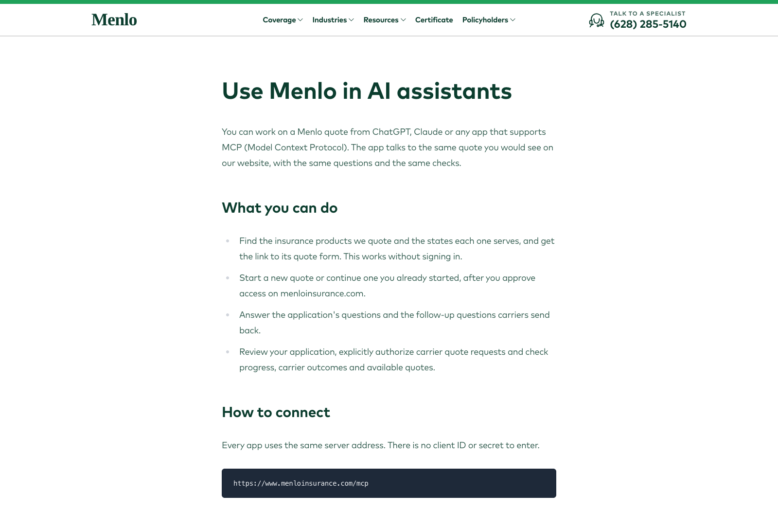 Menlo Insurance Customer MCP