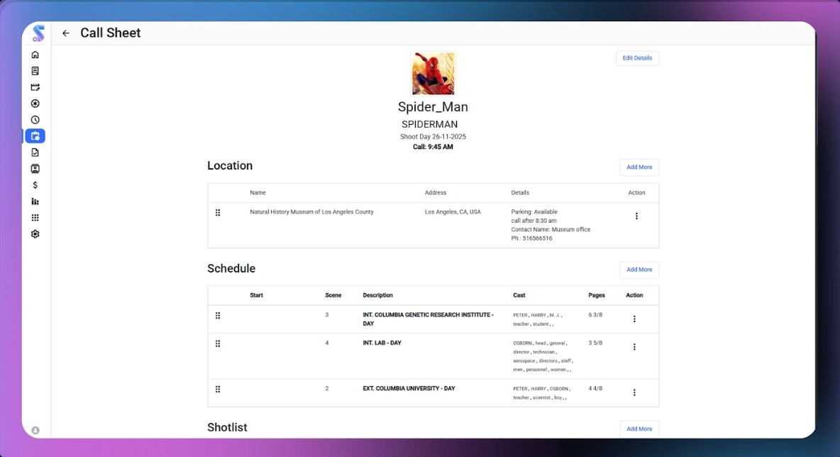 AI Call Sheet Software & Smart Call Sheet Generator | Studiovity 