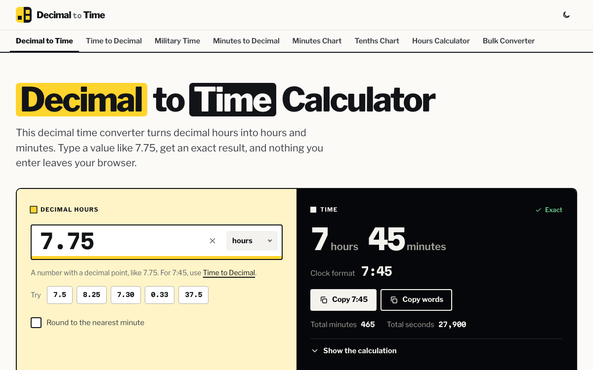 Decimal to Time Calculator - Hours and Minutes Converter