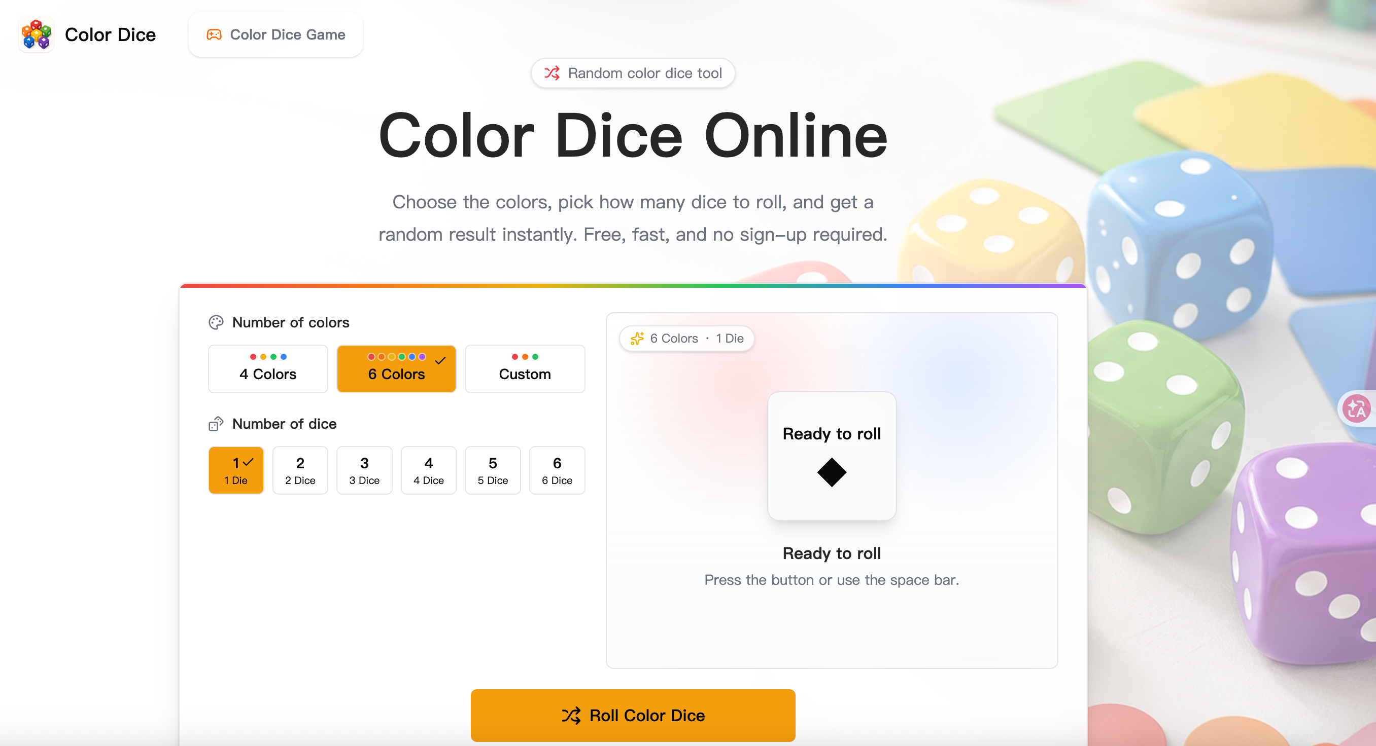 Color Dice Online – Roll 4 or 6 Color Dice Free